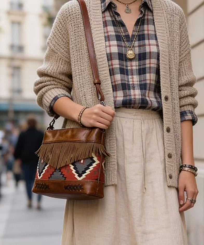 Art Brown Jacquard Patchwork Tasseled Faux Leather Messenger Bag