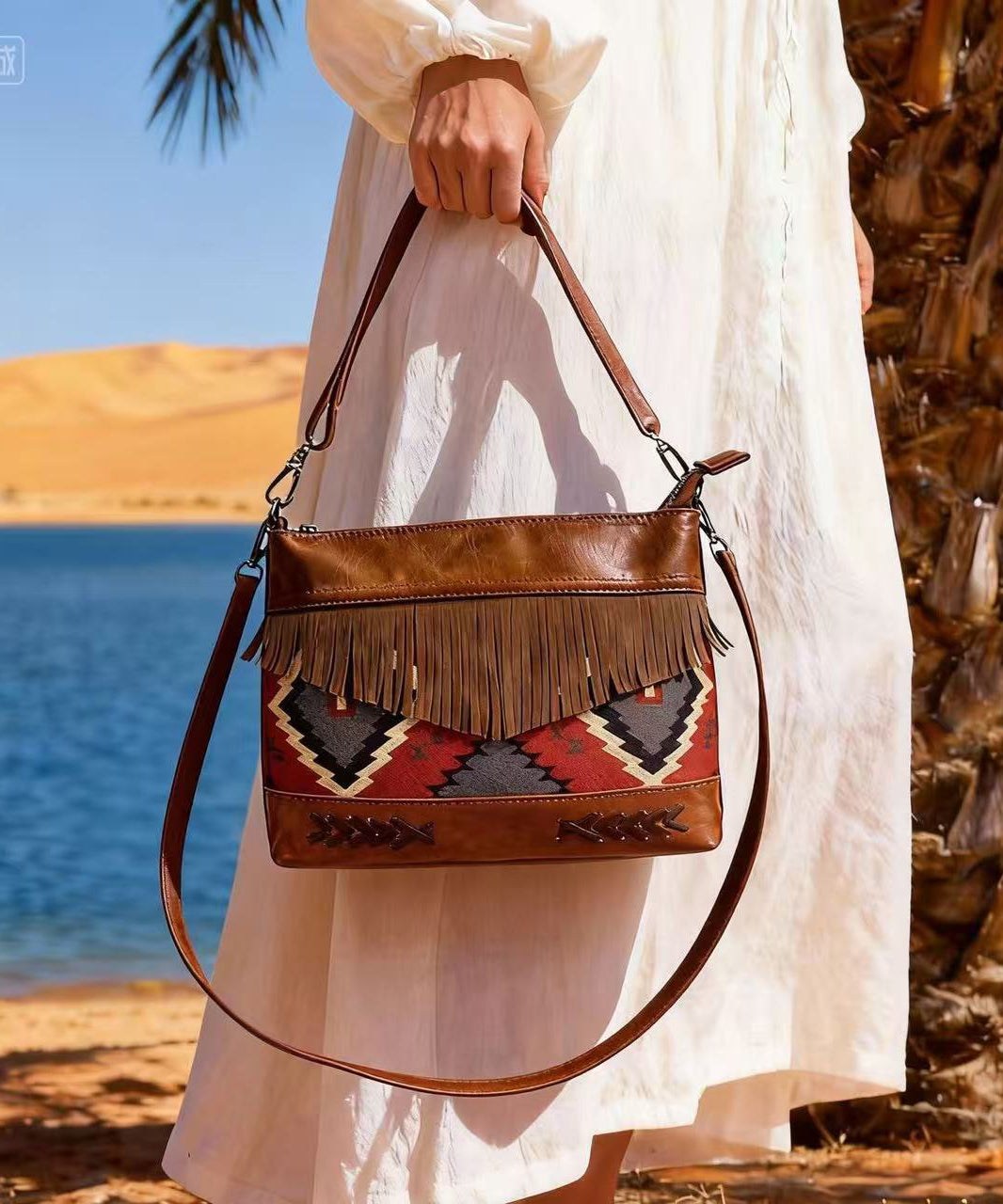 Art Brown Jacquard Patchwork Tasseled Faux Leather Messenger Bag