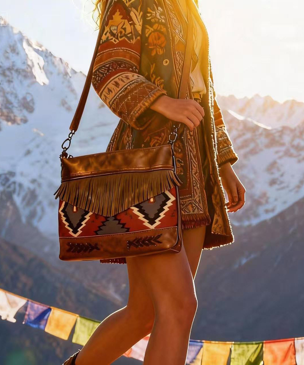 Art Brown Jacquard Patchwork Tasseled Faux Leather Messenger Bag