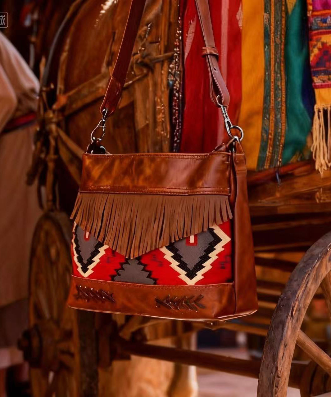 Art Brown Jacquard Patchwork Tasseled Faux Leather Messenger Bag