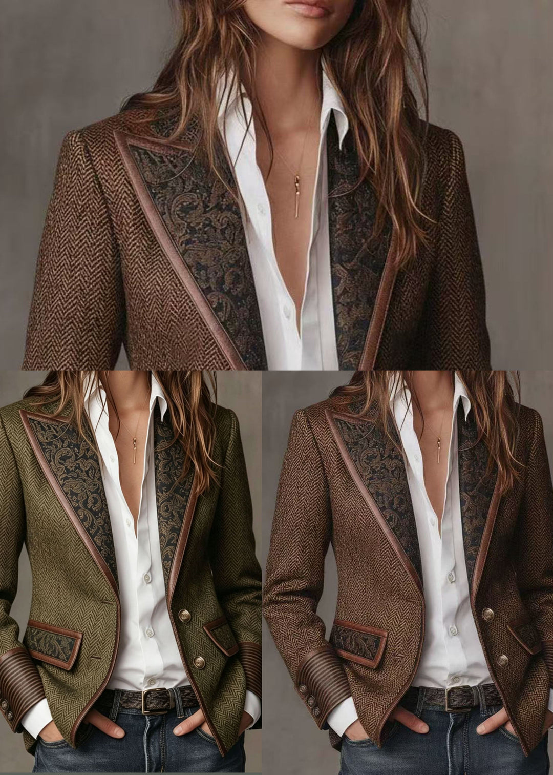 Art Brown Notched Patchwork Woolen Blazer Fall