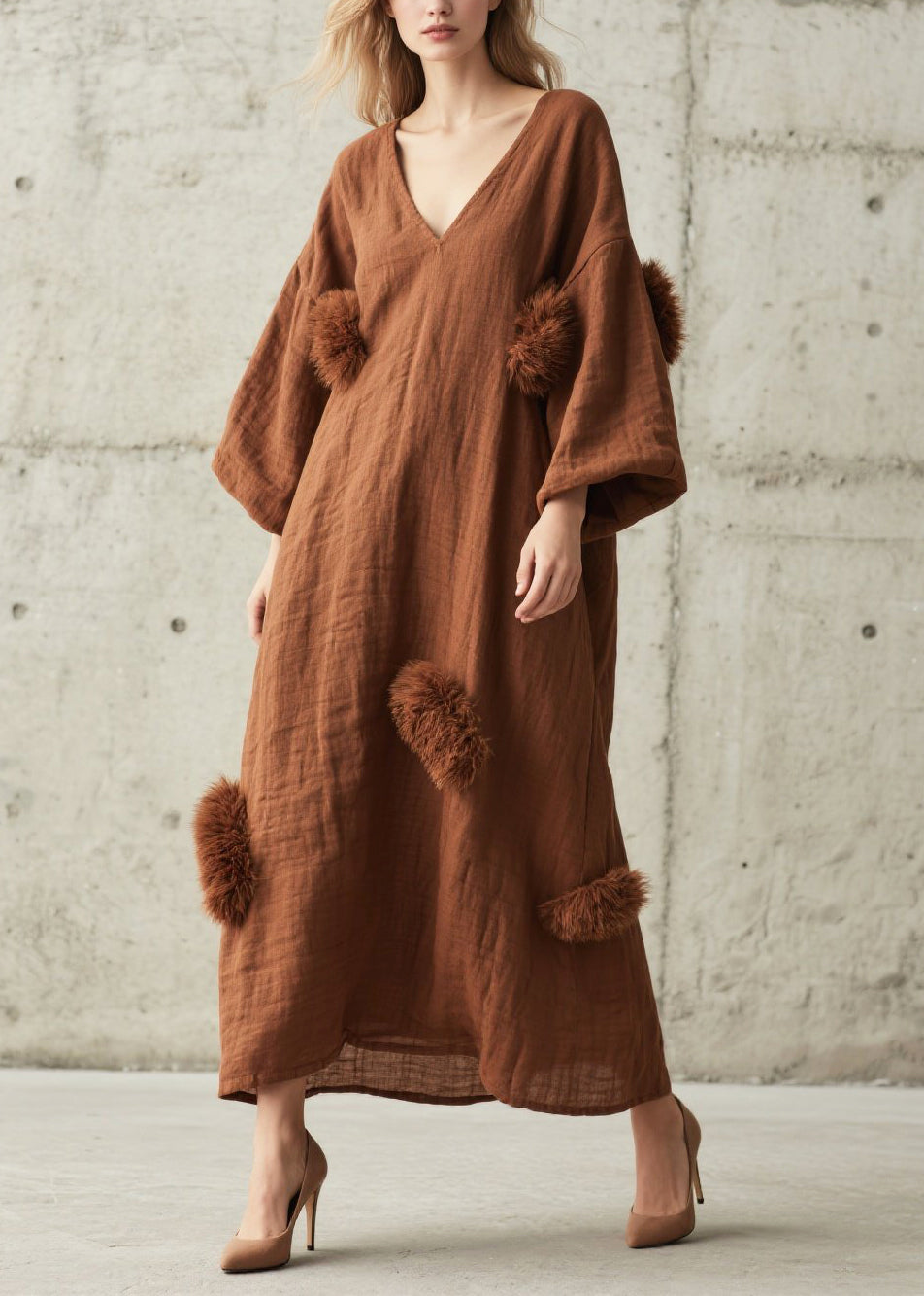 Art Brown Oversized Fuzzy Ball Decorated Cotton Ankle Dress Fall