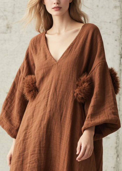 Art Brown Oversized Fuzzy Ball Decorated Cotton Ankle Dress Fall