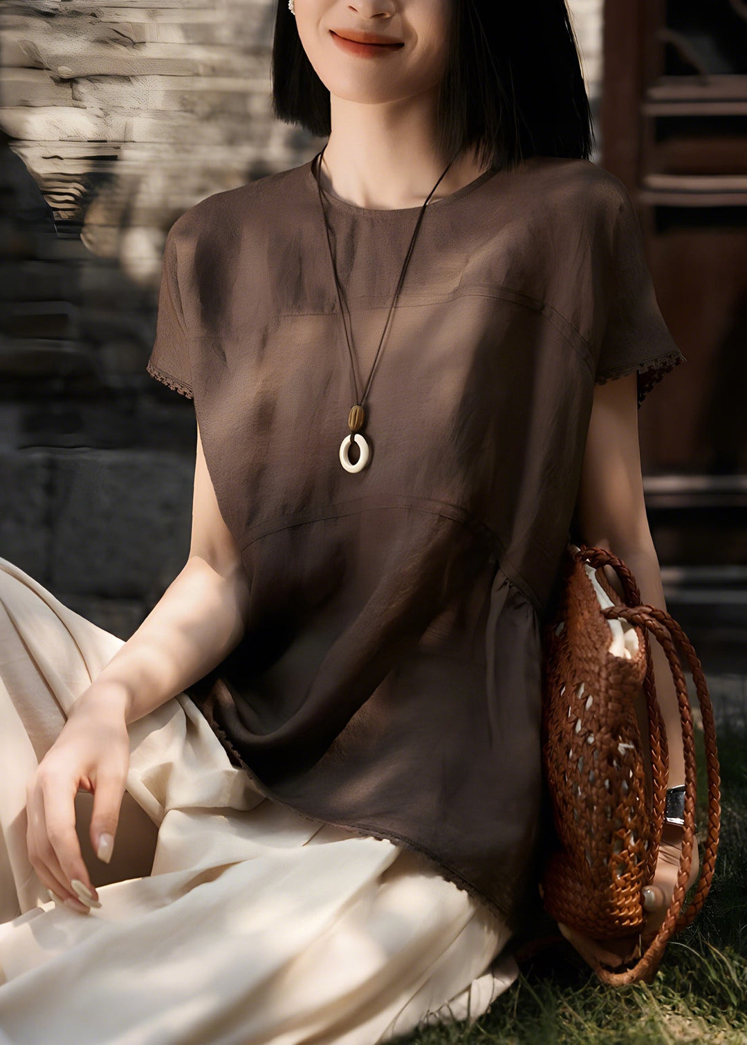 Art Brown Oversized Patchwork Wrinkled Linen Tank Tops Summer