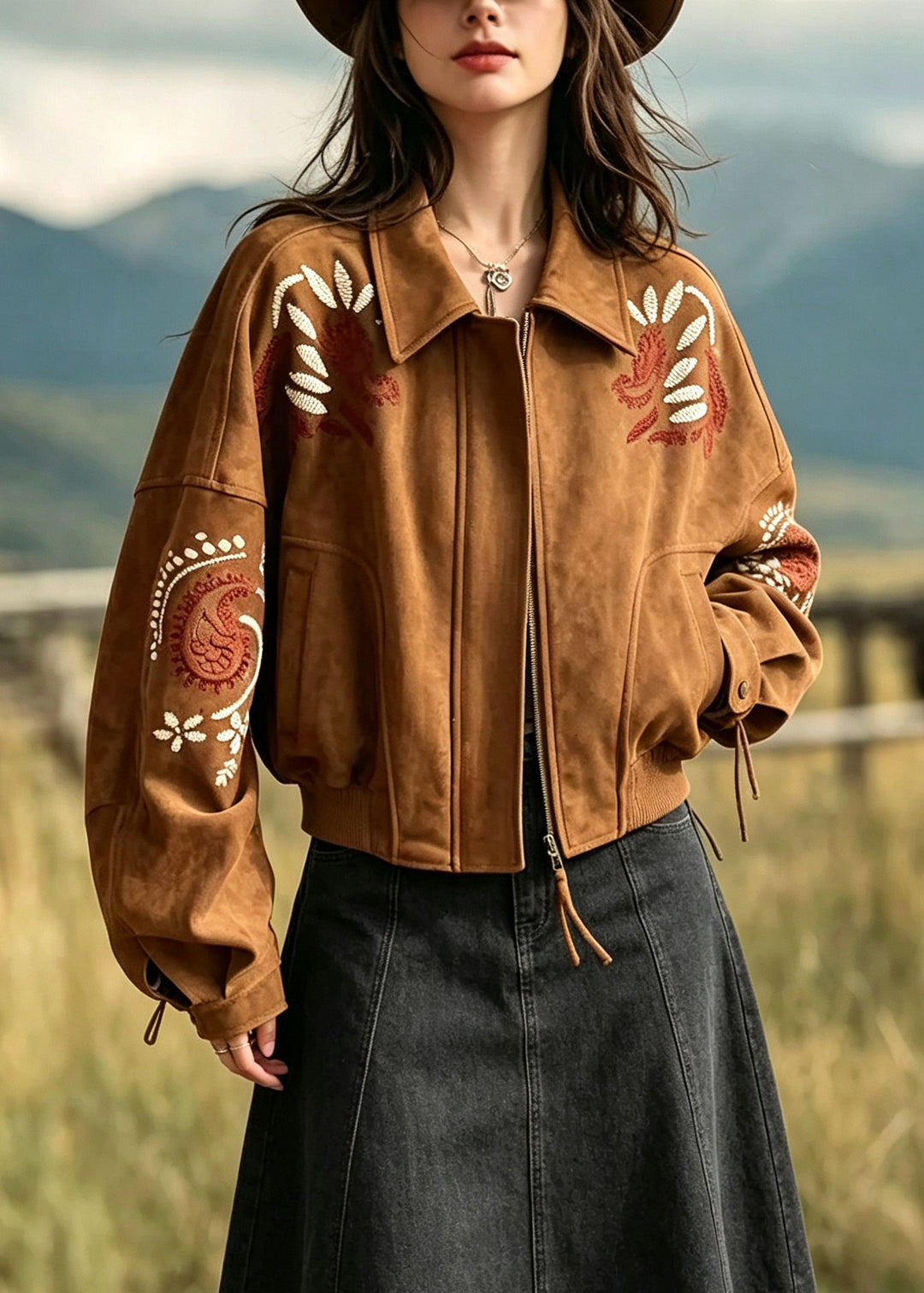 Art Brown Peter Pan Collar Embroidered Patchwork Faux Suede Jacket Fall
