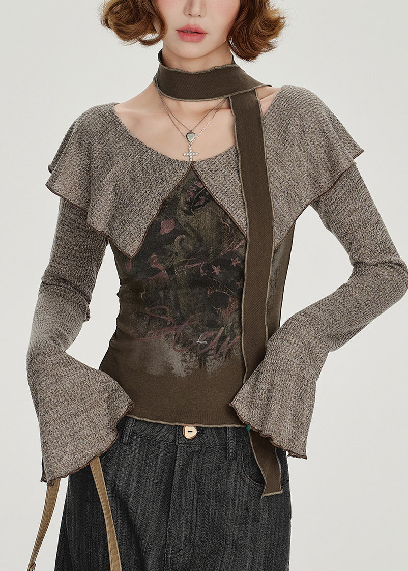 Art Brown Peter Pan Collar Patchwork Cotton Shirt Spring