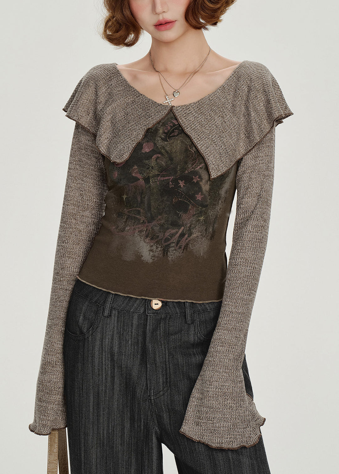 Art Brown Peter Pan Collar Patchwork Cotton Shirt Spring