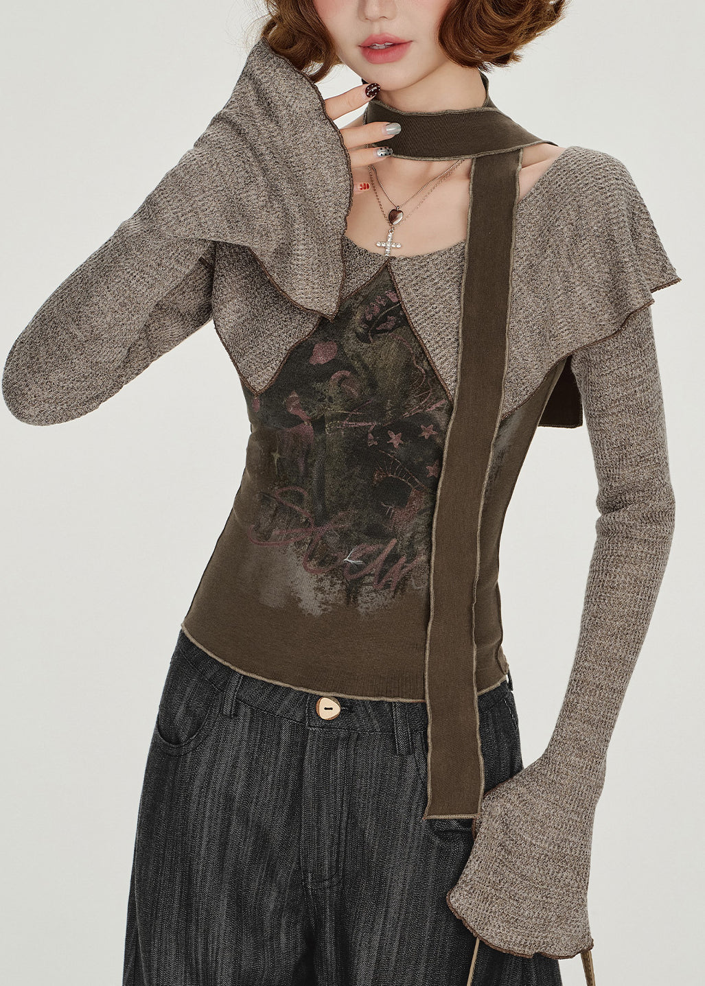 Art Brown Peter Pan Collar Patchwork Cotton Shirt Spring