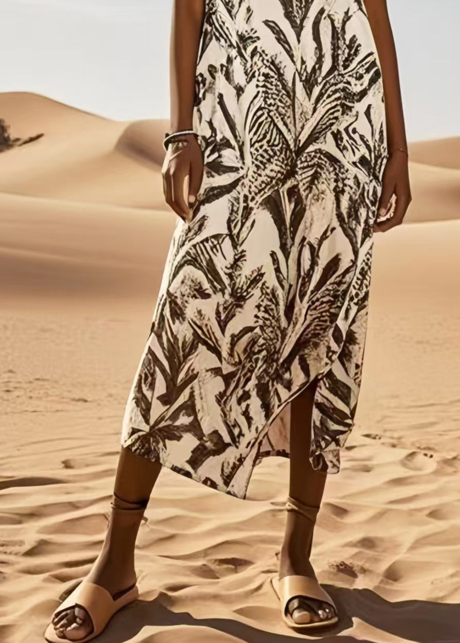 Art Brown Print Cotton Long Dress Summer