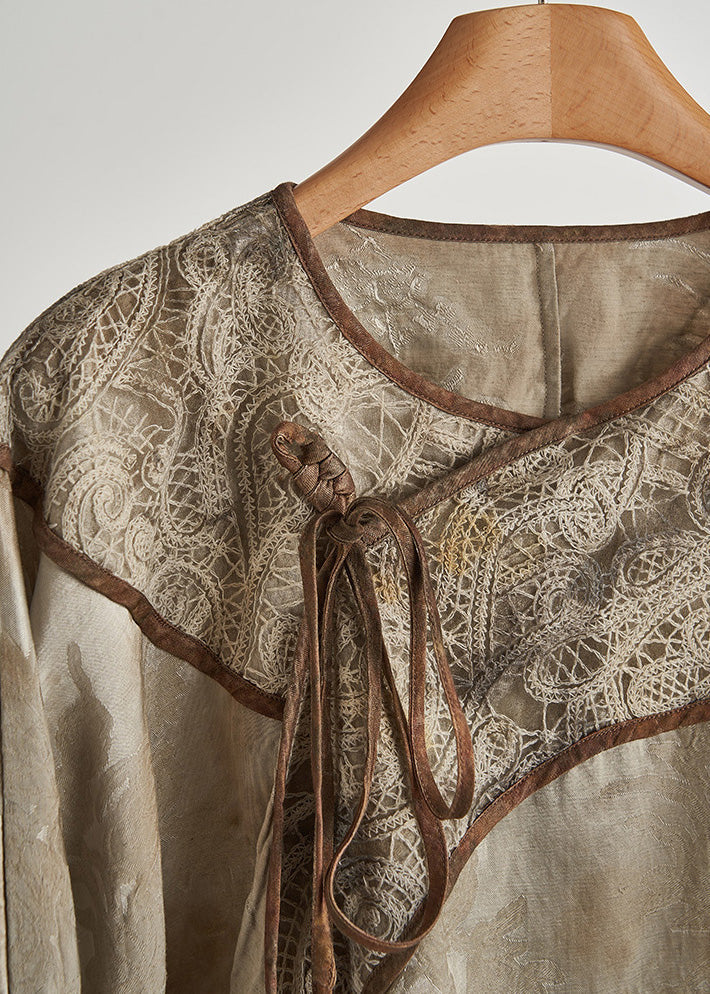 Art Brown Print Patchwork Lace Oriental Tops Fall