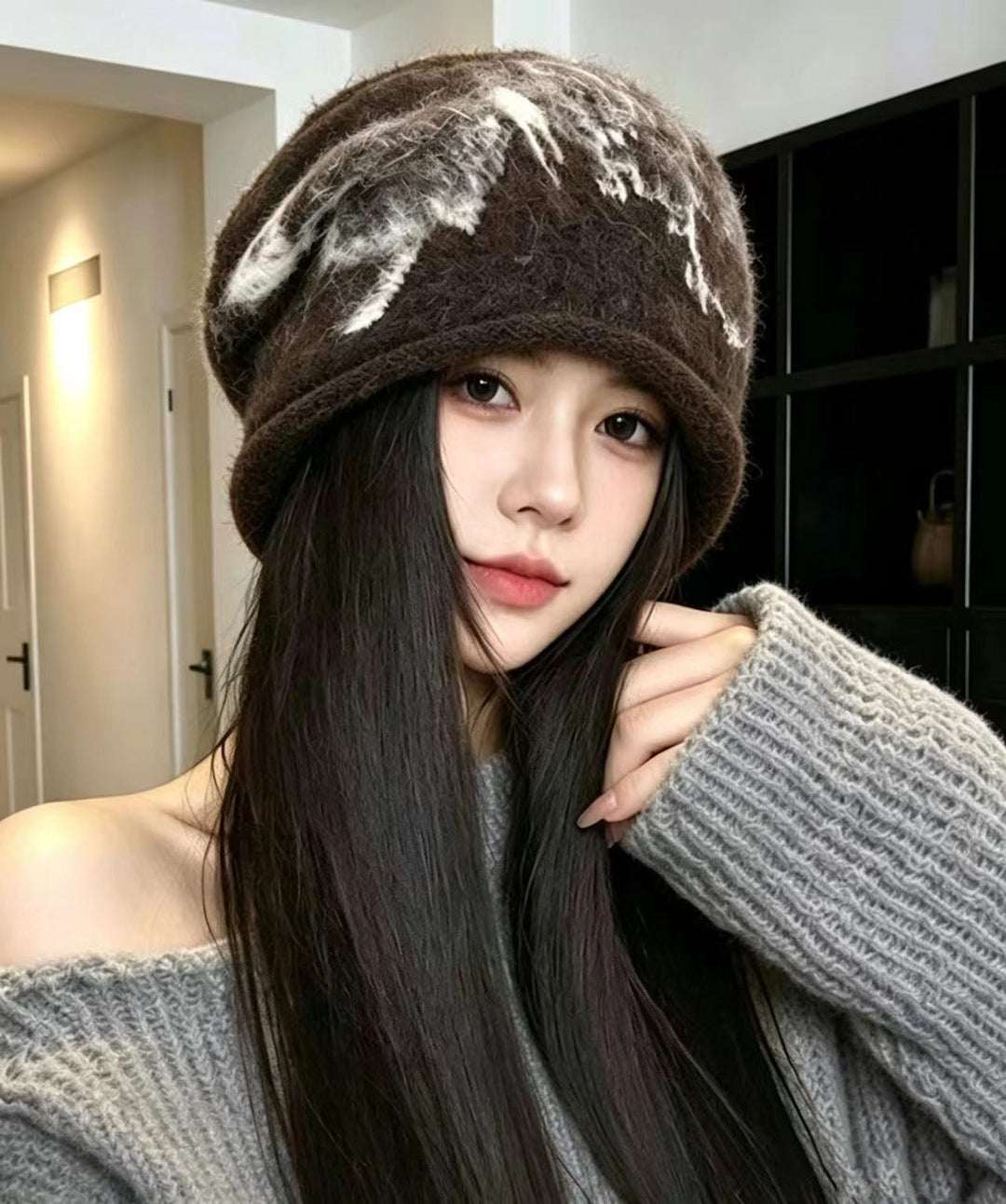 Art Brown Print Warm Cashmere Knit Bonnie Hat