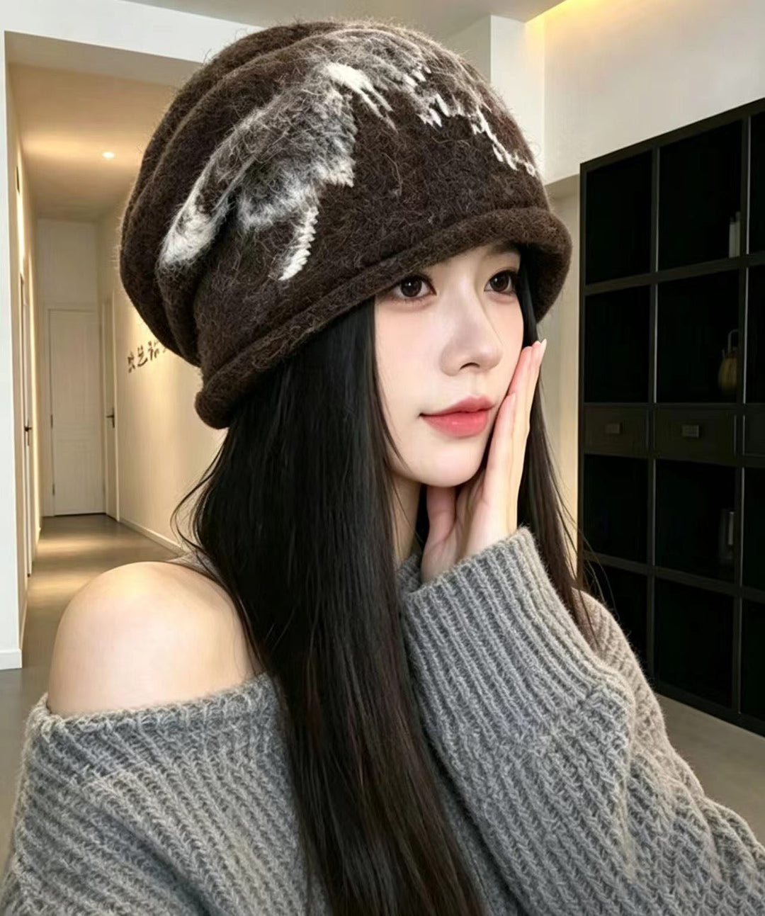 Art Brown Print Warm Cashmere Knit Bonnie Hat