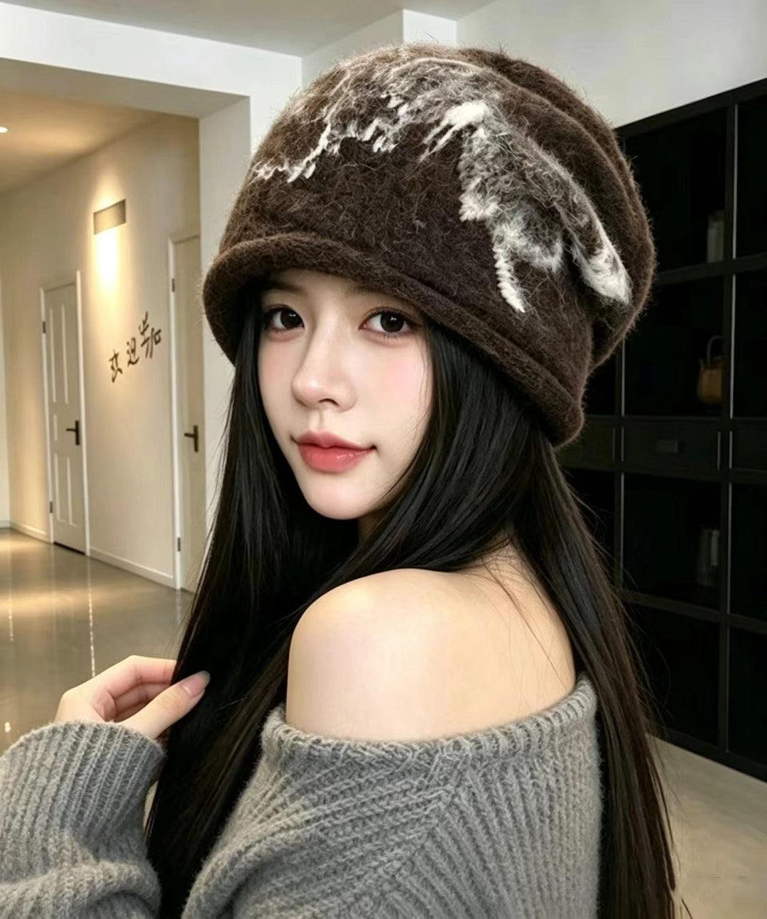 Art Brown Print Warm Cashmere Knit Bonnie Hat