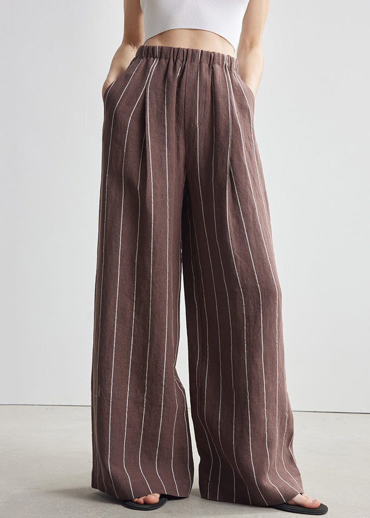 Art Brown Striped Pockets Elastic Waist Linen Pants Fall