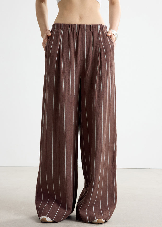 Art Brown Striped Pockets Elastic Waist Linen Pants Fall