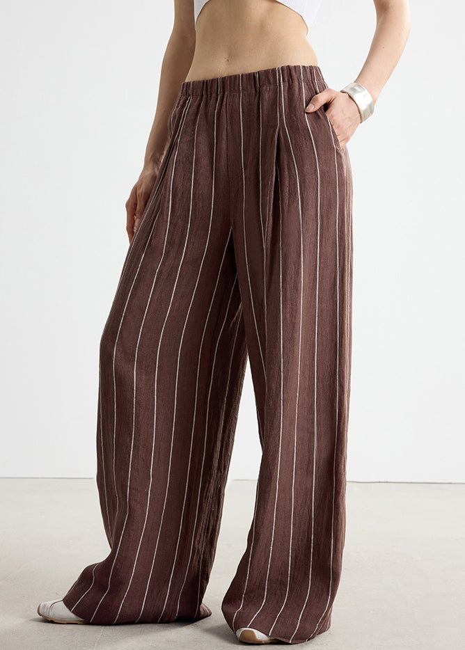 Art Brown Striped Pockets Elastic Waist Linen Pants Fall