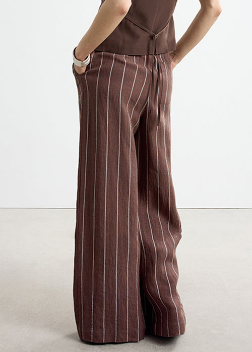 Art Brown Striped Pockets Elastic Waist Linen Pants Fall