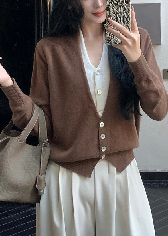 Art Brown V Neck Patchwork Wool Knit Fake Two Piece Cardigans Spring