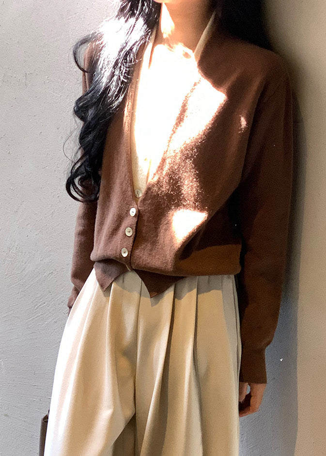 Art Brown V Neck Patchwork Wool Knit Fake Two Piece Cardigans Spring