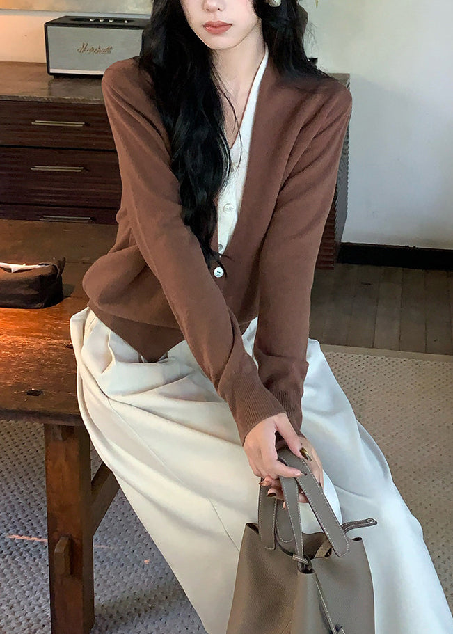 Art Brown V Neck Patchwork Wool Knit Fake Two Piece Cardigans Spring