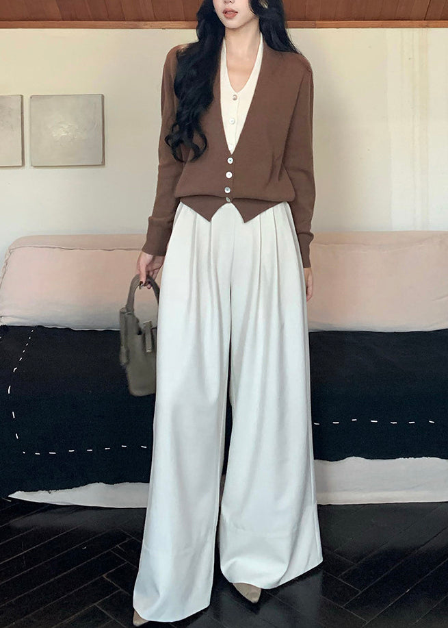Art Brown V Neck Patchwork Wool Knit Fake Two Piece Cardigans Spring