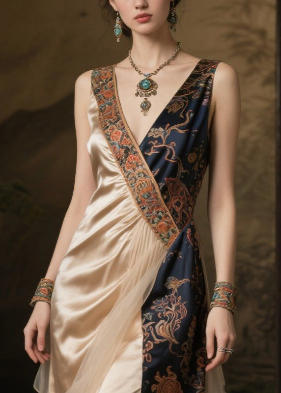 Art Champagne Asymmetrical Patchwork Silk Dinner Dress Summer