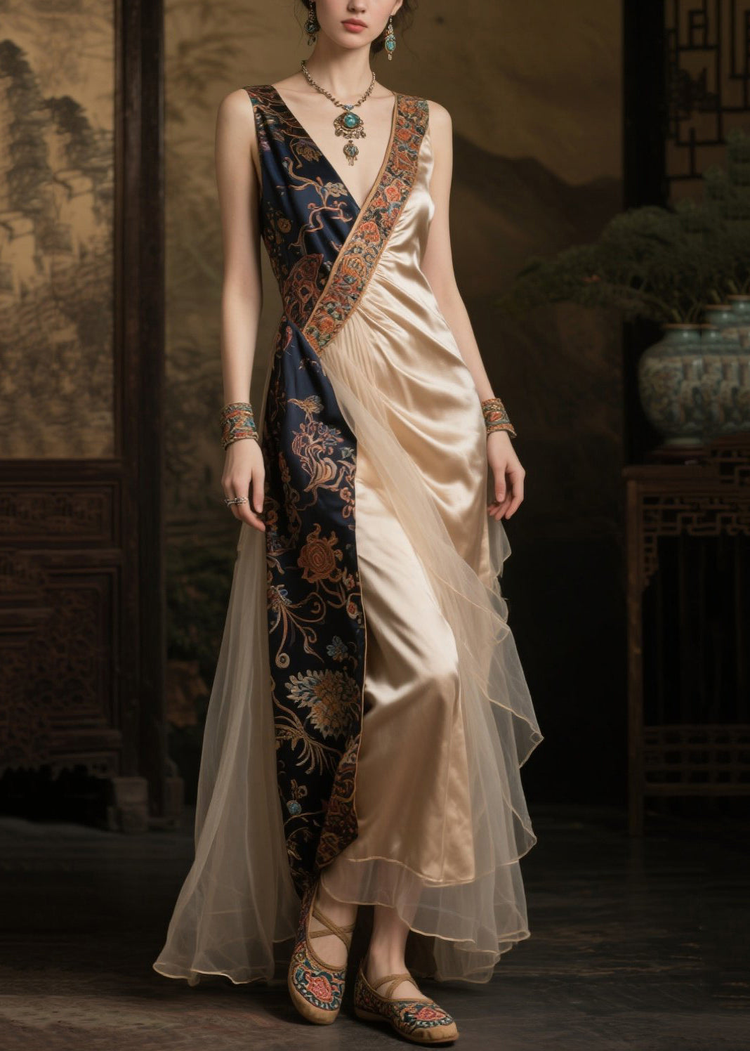 Art Champagne Asymmetrical Patchwork Silk Dinner Dress Summer