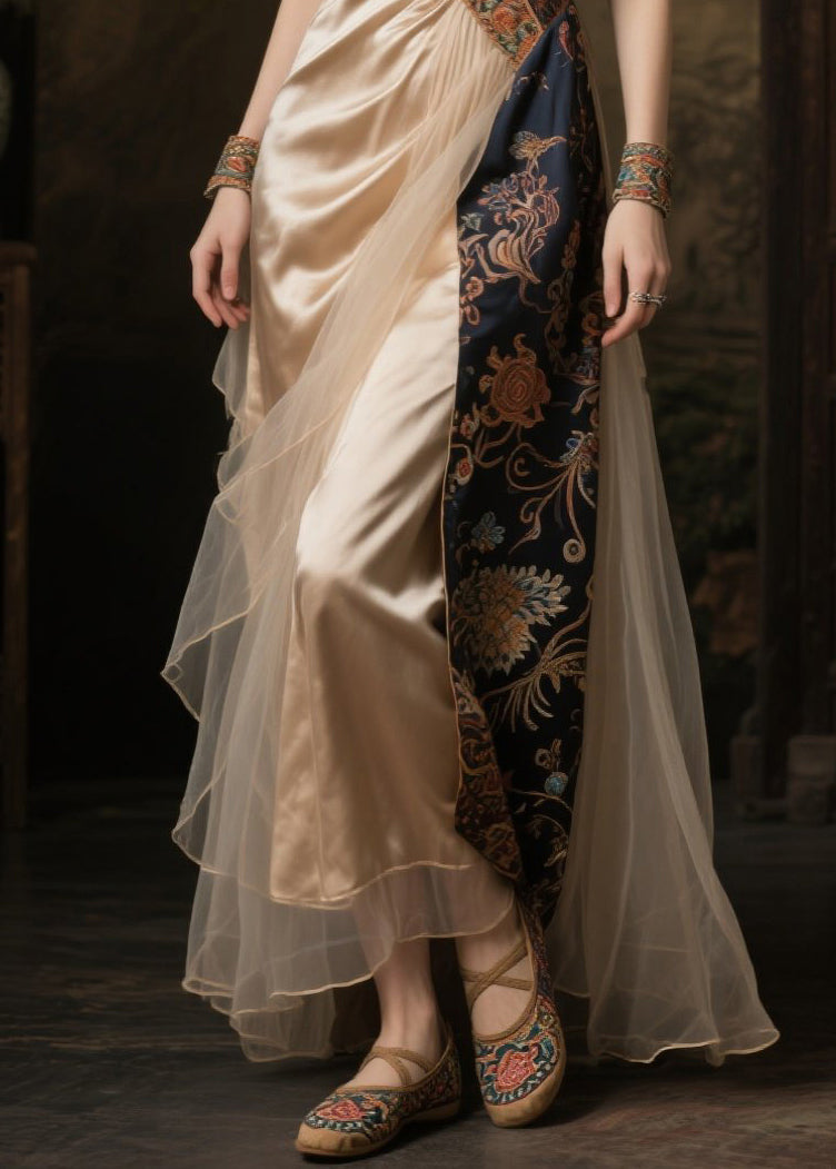 Art Champagne Asymmetrical Patchwork Silk Dinner Dress Summer