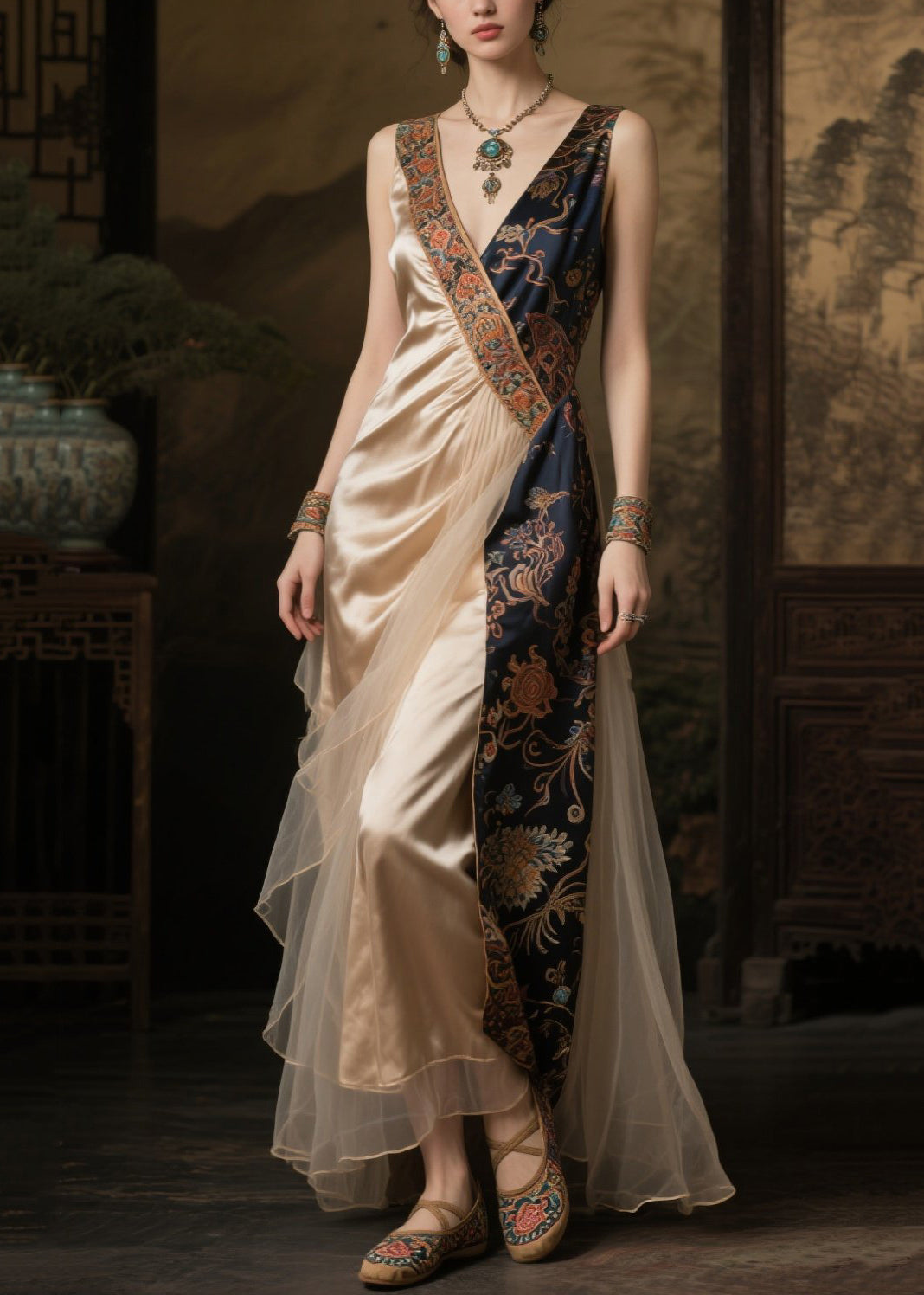 Art Champagne Asymmetrical Patchwork Silk Dinner Dress Summer