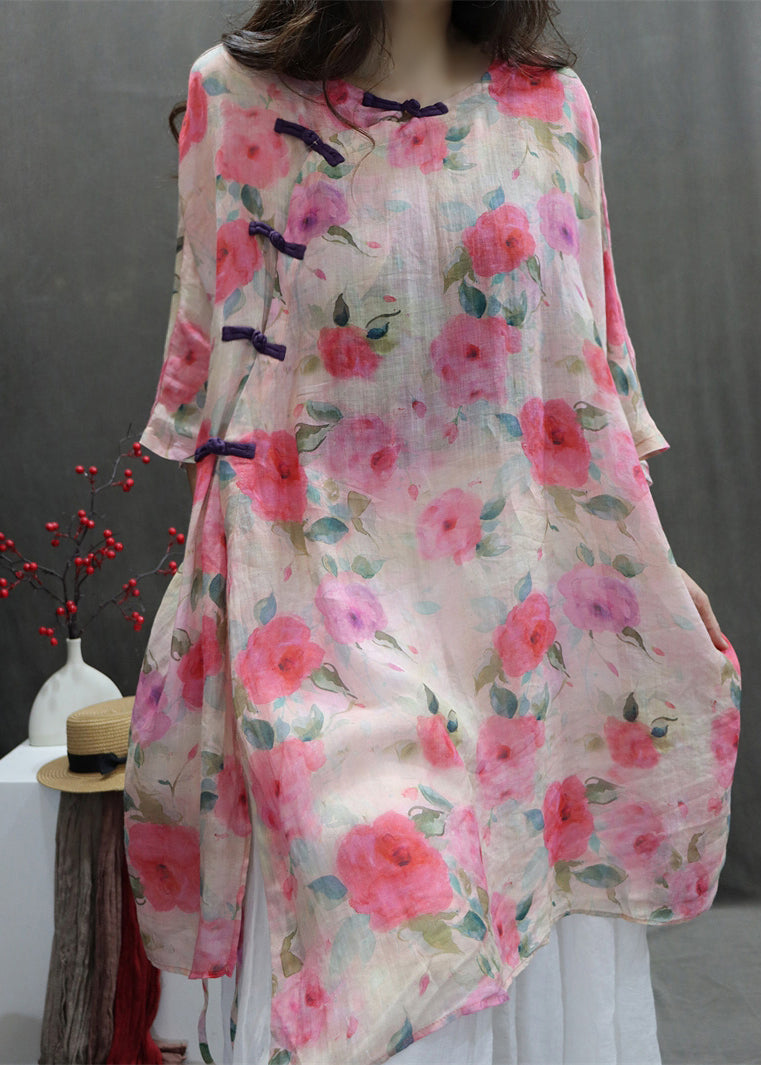 Art Chinese Button Print Lace Up Cotton Blouses Batwing Sleeve
