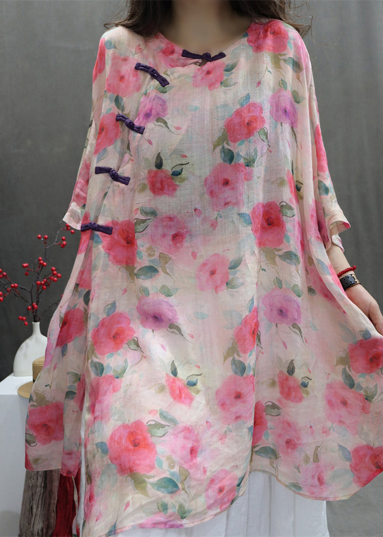 Art Chinese Button Print Lace Up Cotton Blouses Batwing Sleeve