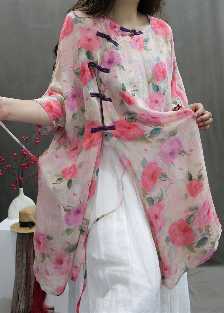 Art Chinese Button Print Lace Up Cotton Blouses Batwing Sleeve