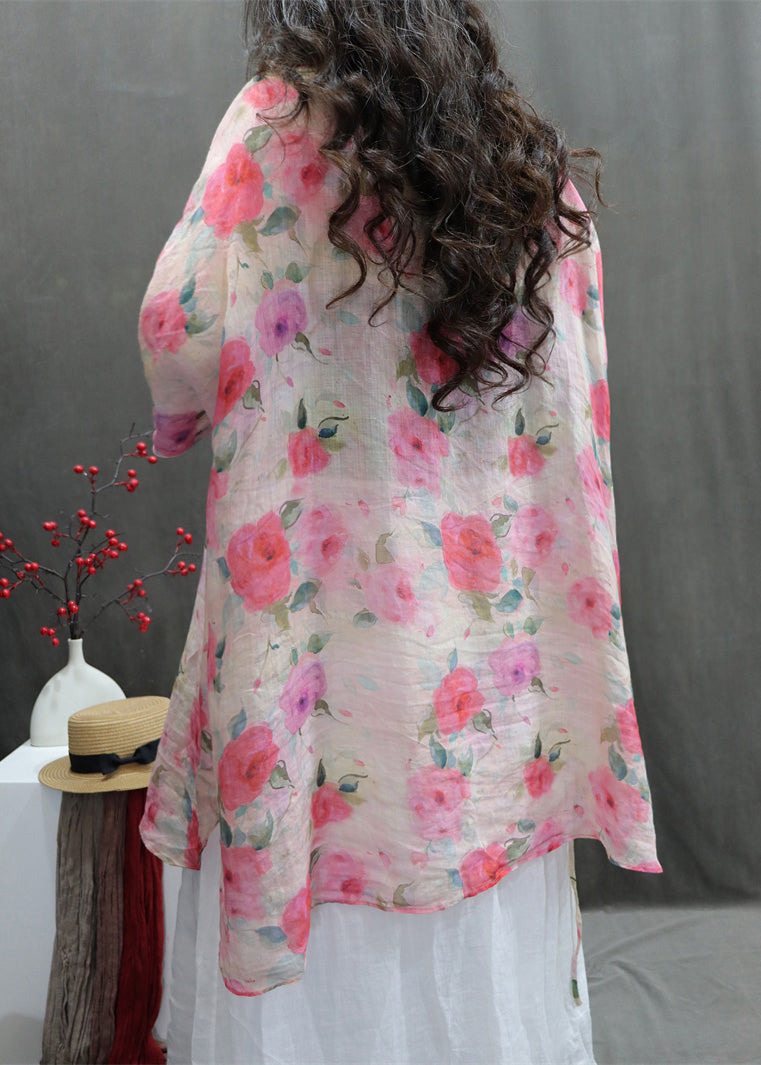 Art Chinese Button Print Lace Up Cotton Blouses Batwing Sleeve