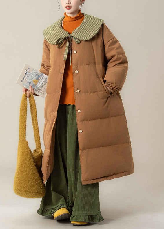 Art Coffee Peter Pan Collar Lace Up Patchwork Duck Down Long Puffer Coat Winter