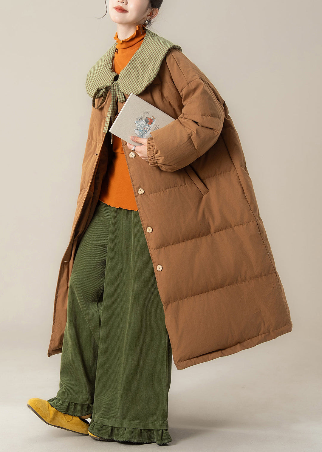 Art Coffee Peter Pan Collar Lace Up Patchwork Duck Down Long Puffer Coat Winter