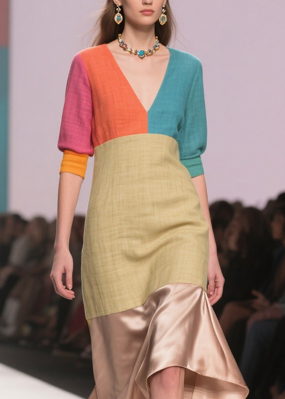 Art Colorblock Asymmetrical Design Patchwork Linen Silk Dress Summer