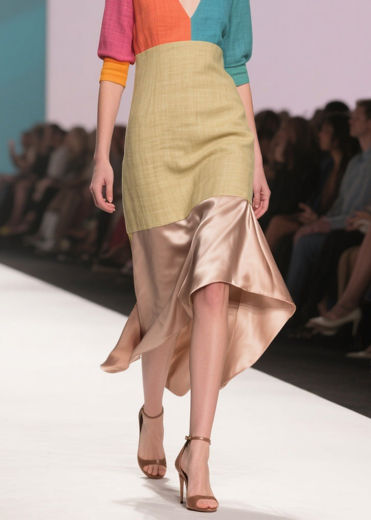 Art Colorblock Asymmetrical Design Patchwork Linen Silk Dress Summer