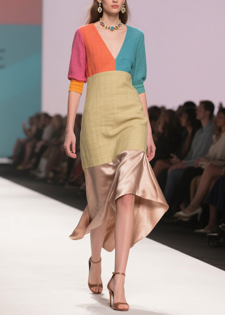 Art Colorblock Asymmetrical Design Patchwork Linen Silk Dress Summer