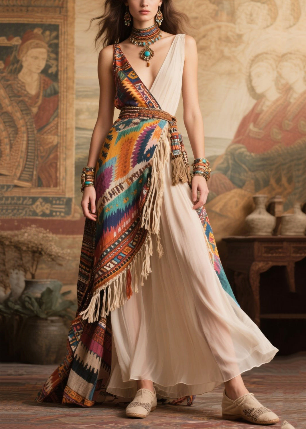 Art Colorblock Asymmetrical Design Tasseled Chiffon Maxi Dresses Summer