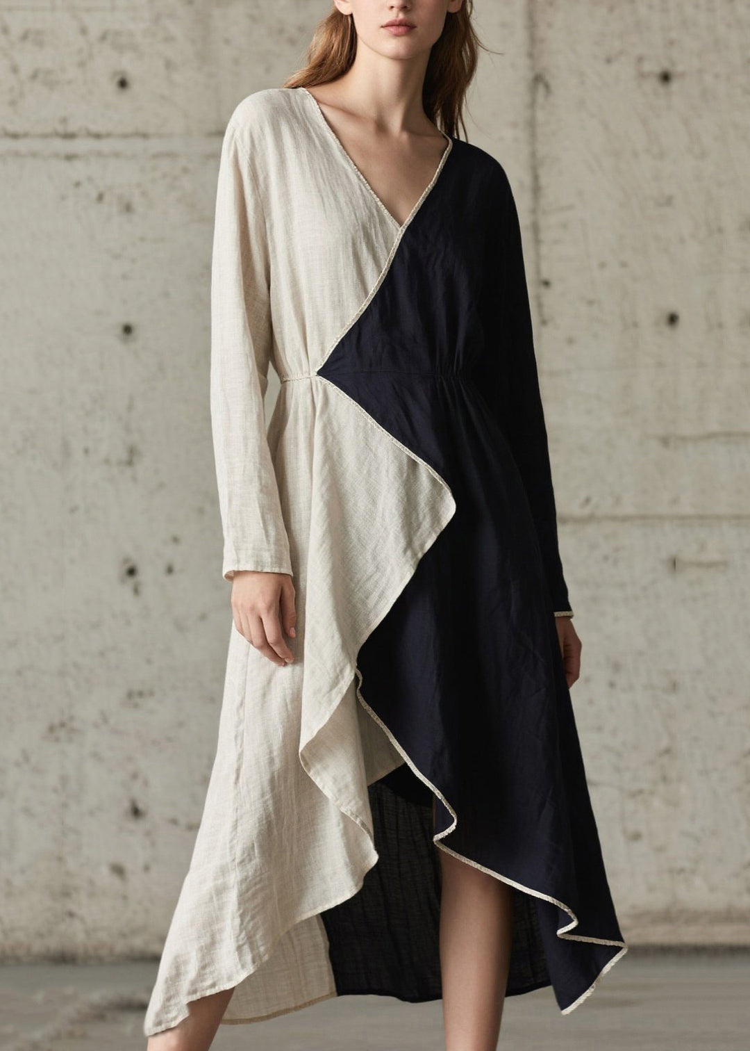 Art Colorblock Asymmetrical Patchwork Cotton Long Dress Spring