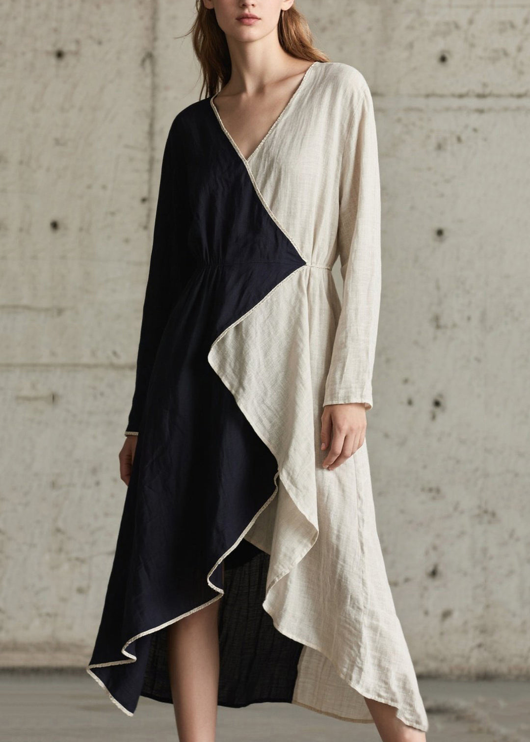 Art Colorblock Asymmetrical Patchwork Cotton Long Dress Spring