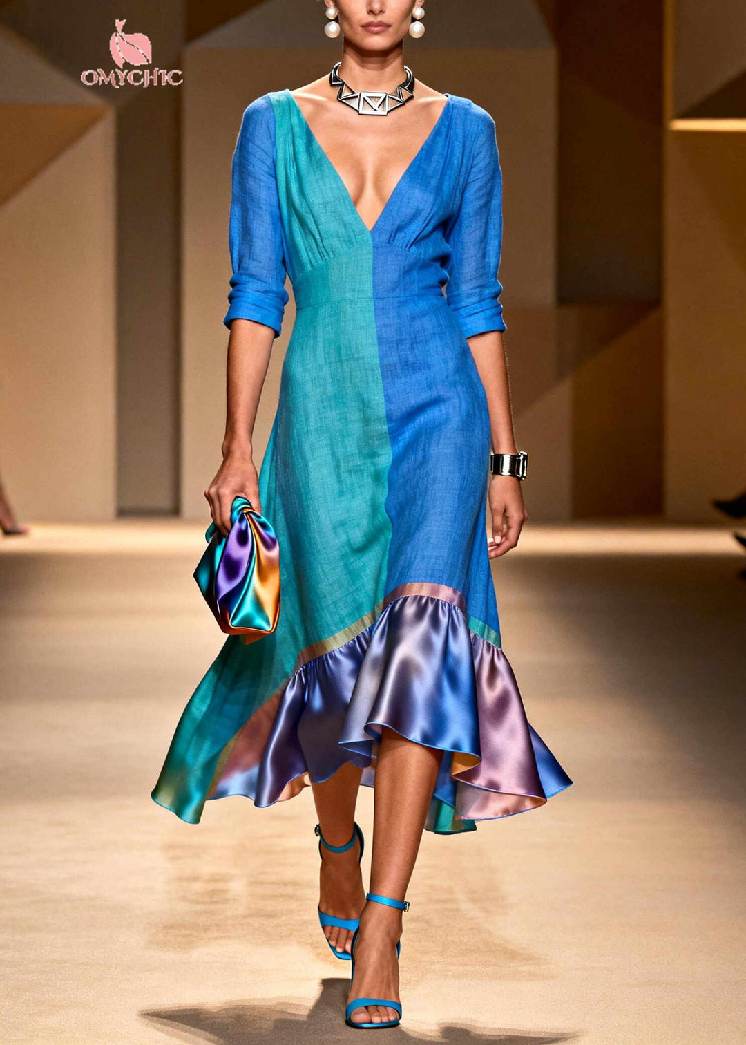Art Colorblock Asymmetrical Patchwork Cotton Maxi Dress Summer