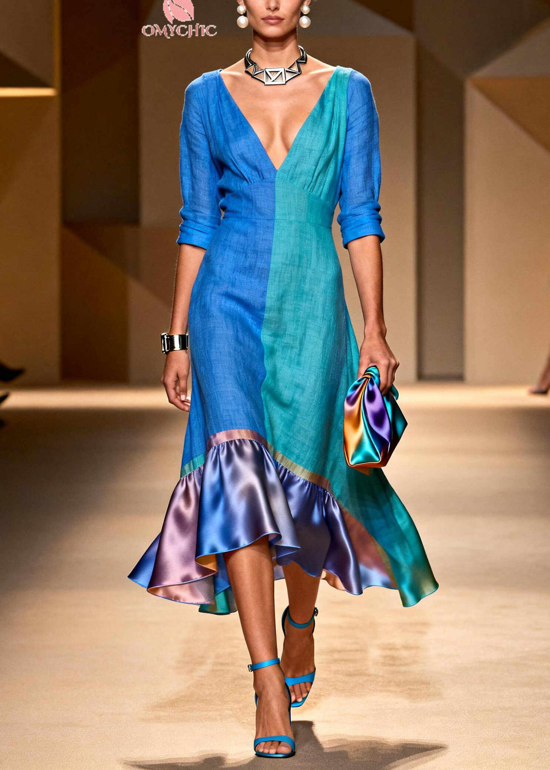 Art Colorblock Asymmetrical Patchwork Cotton Maxi Dress Summer