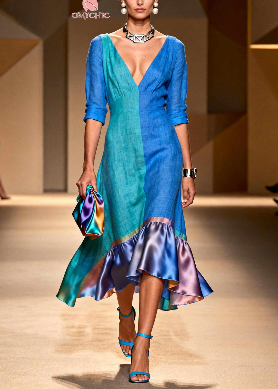Art Colorblock Asymmetrical Patchwork Cotton Maxi Dress Summer