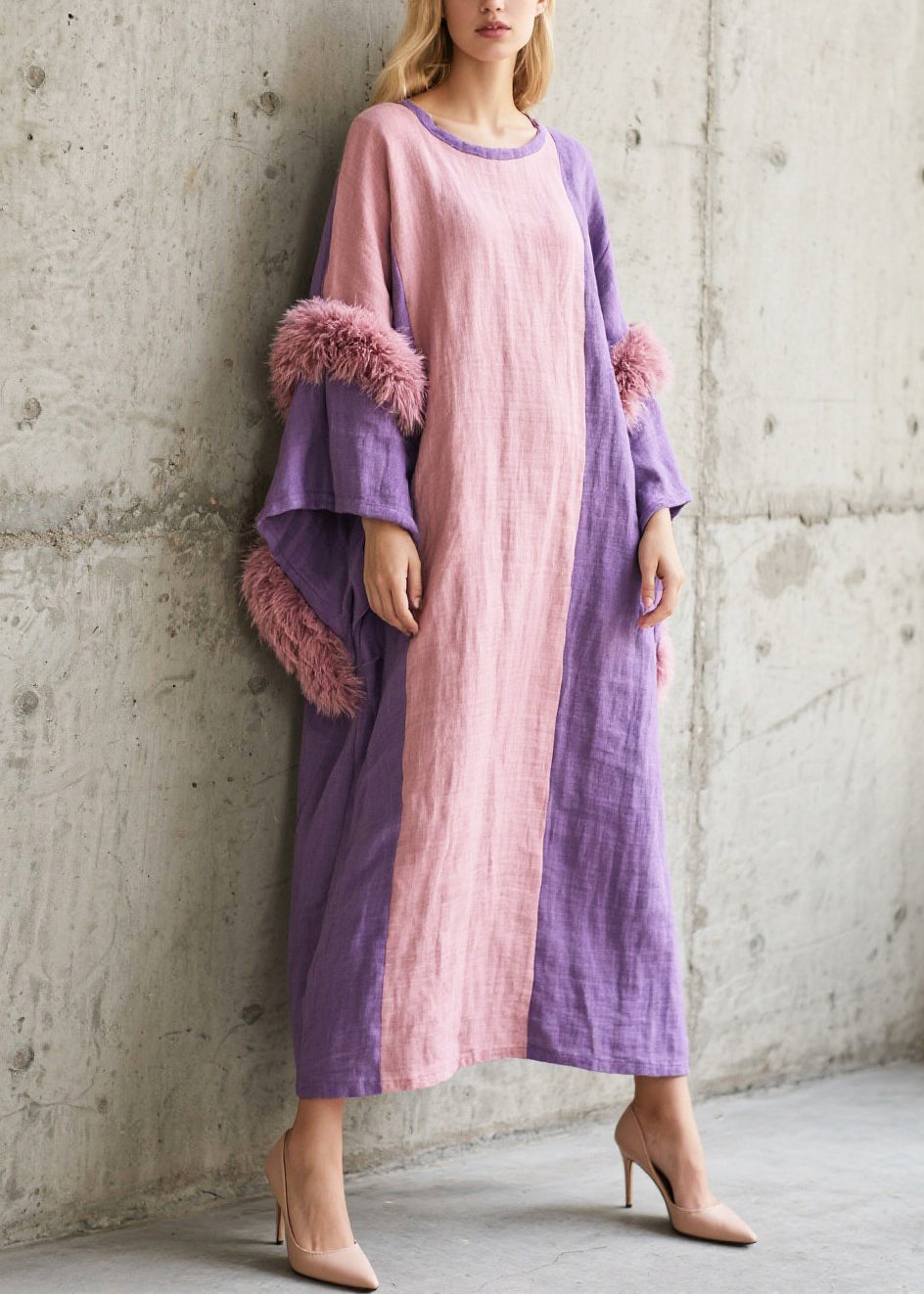 Art Colorblock Asymmetrical Patchwork Faux Fur Dress Batwing Sleeve