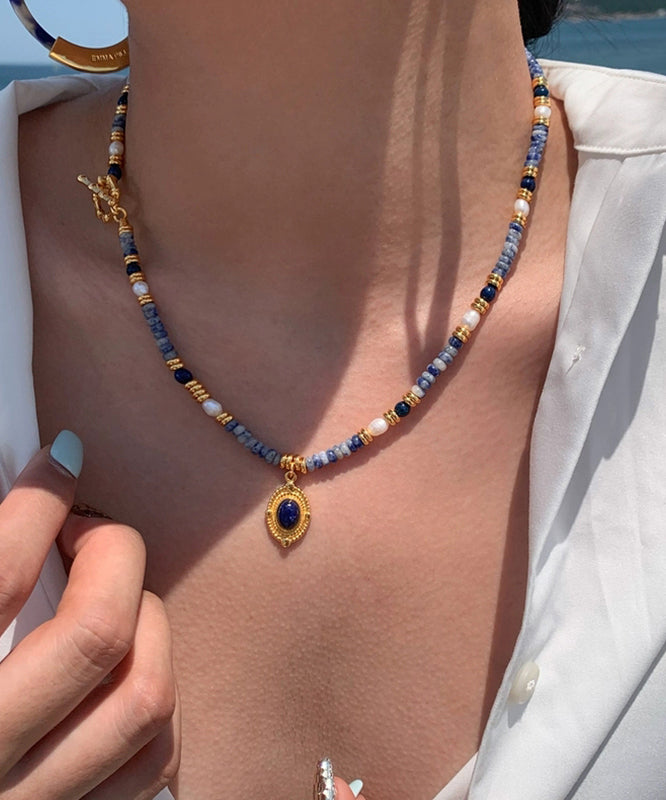 Art Colorblock Copper Alloy Pearl Gem Stone Beading Pendant Necklace