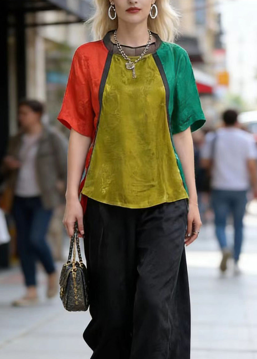 Art Colorblock Jacquard Top And Crop Pants Silk Two Pieces Set Summer