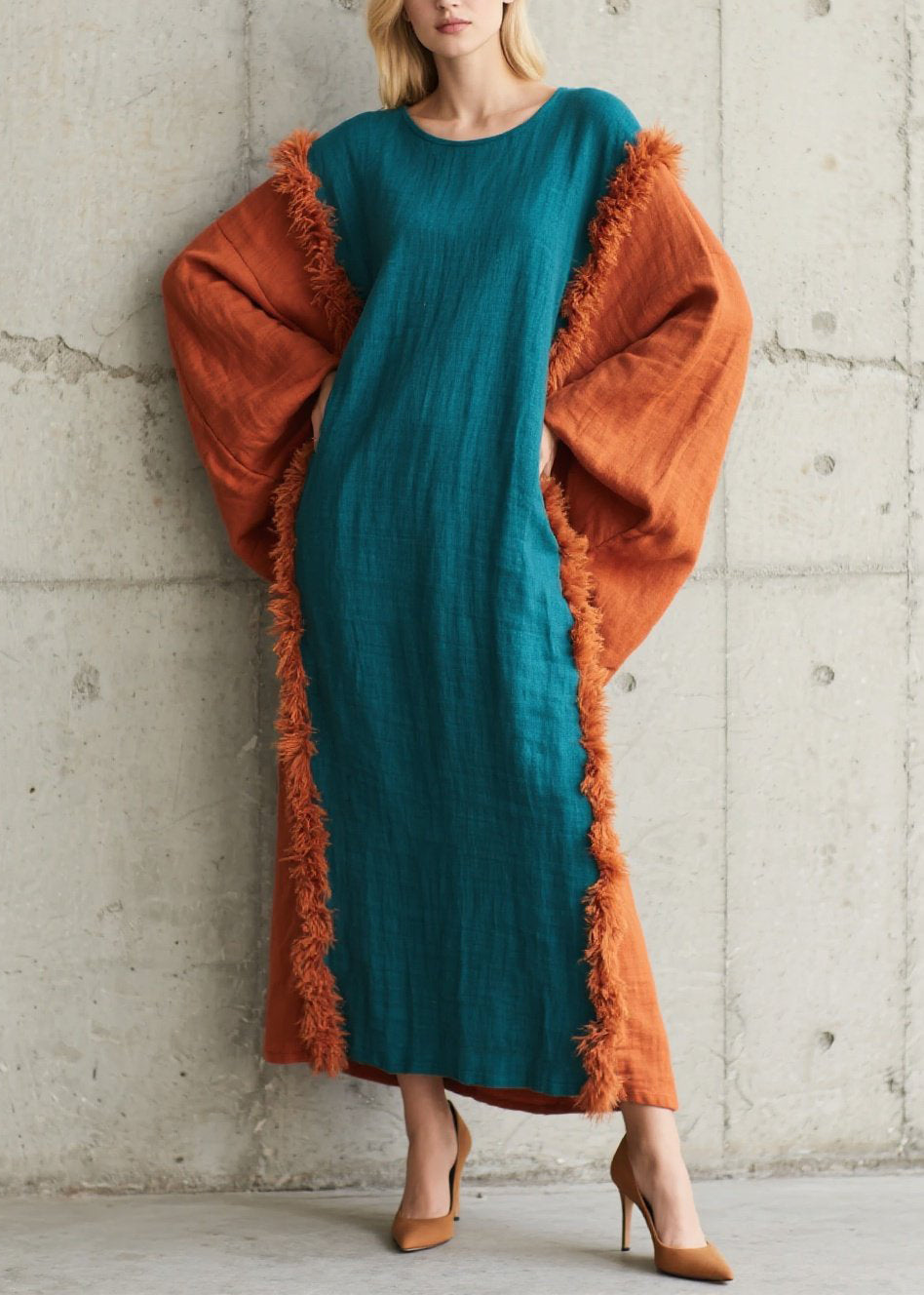 Art Colorblock O Neck Fuzzy Fur Patchwork Cotton Dress Fall