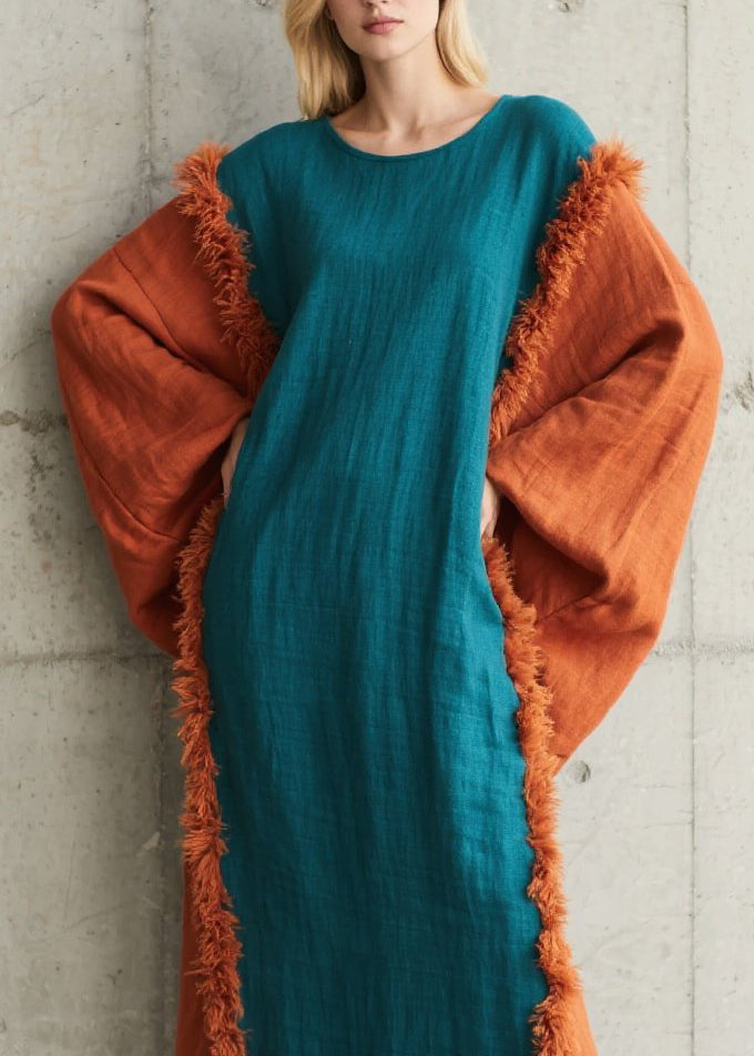 Art Colorblock O Neck Fuzzy Fur Patchwork Cotton Dress Fall