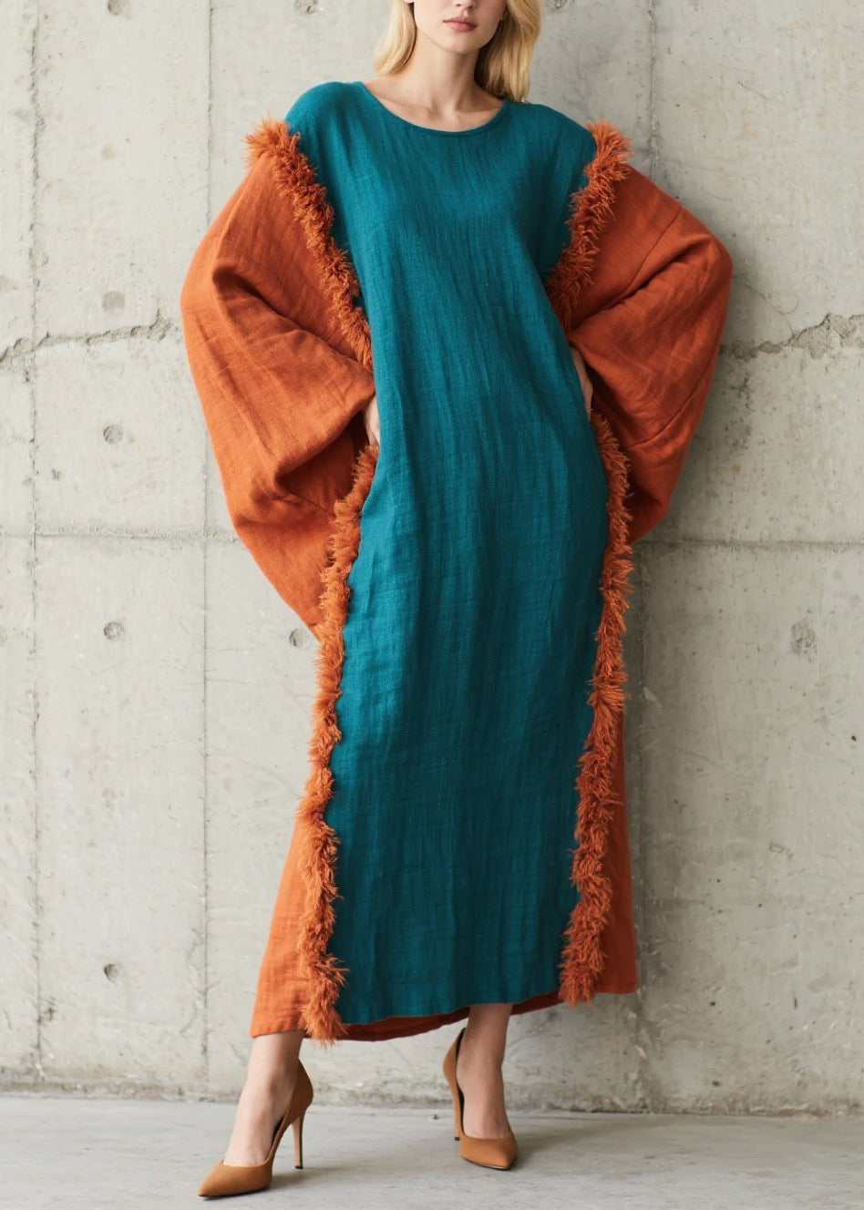 Art Colorblock O Neck Fuzzy Fur Patchwork Cotton Dress Fall